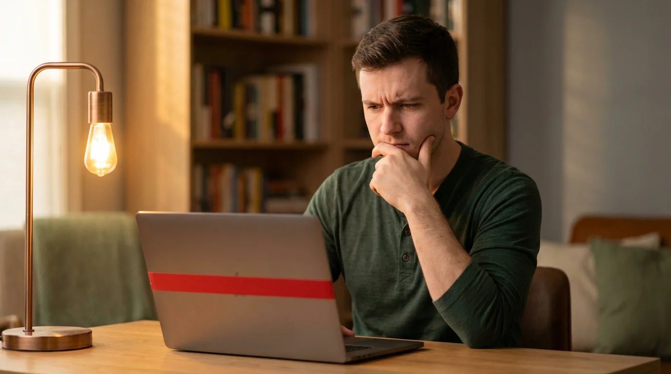 Person looking at a laptop screen with a concerned expression in a home office setting