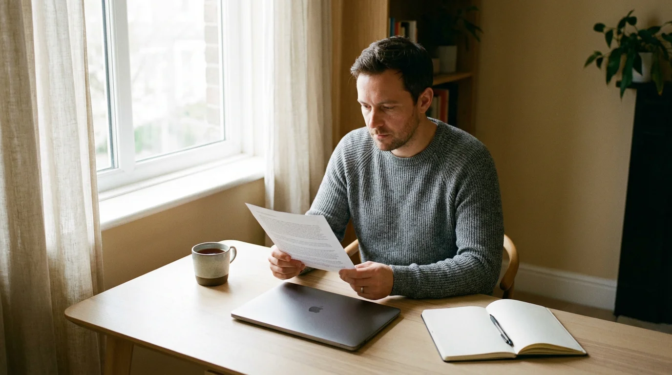 Person reviewing GamStop self-exclusion removal documents at a desk in soft natural light