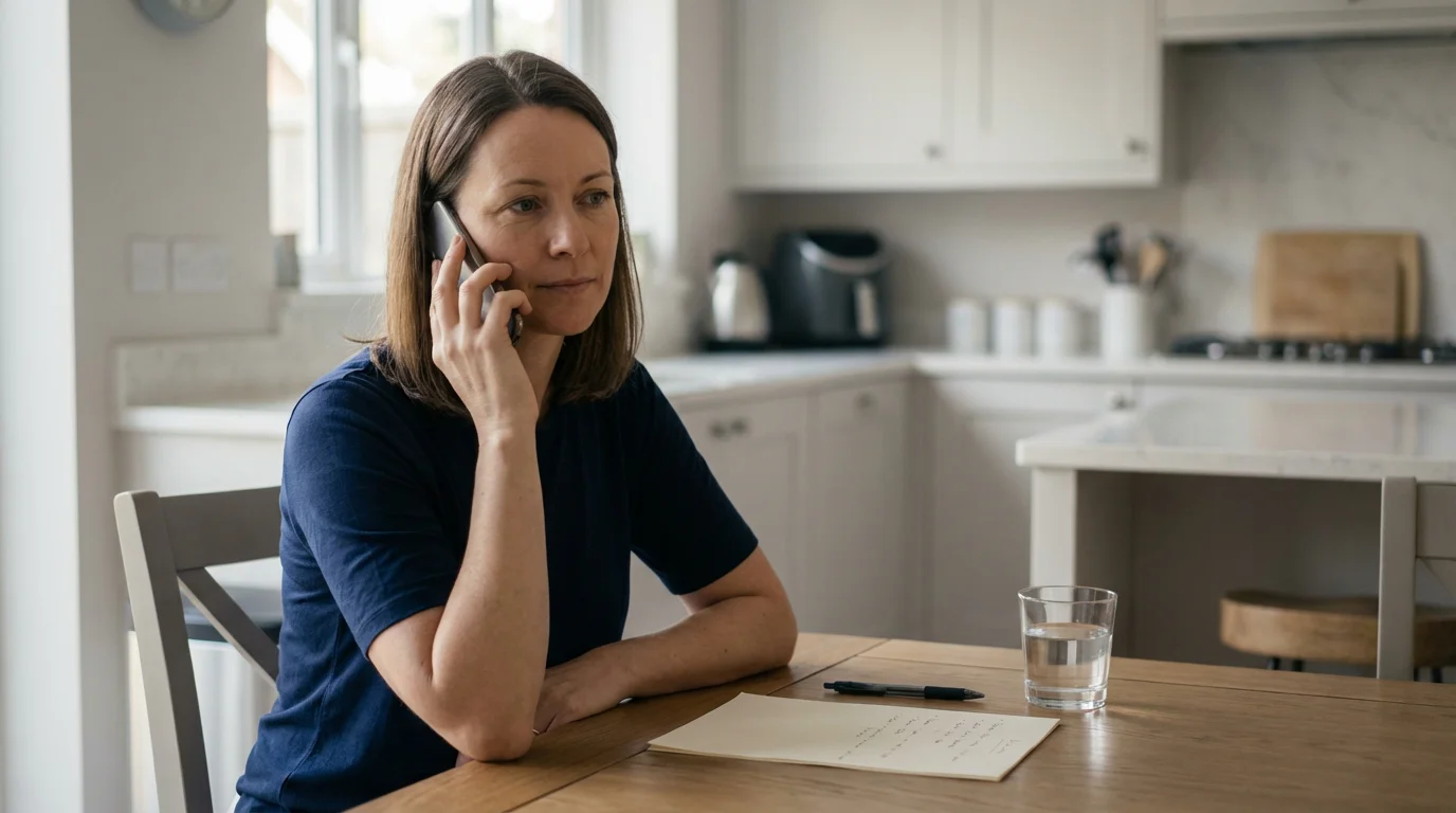 Person making a phone call to GamStop support while reviewing notes at a kitchen table
