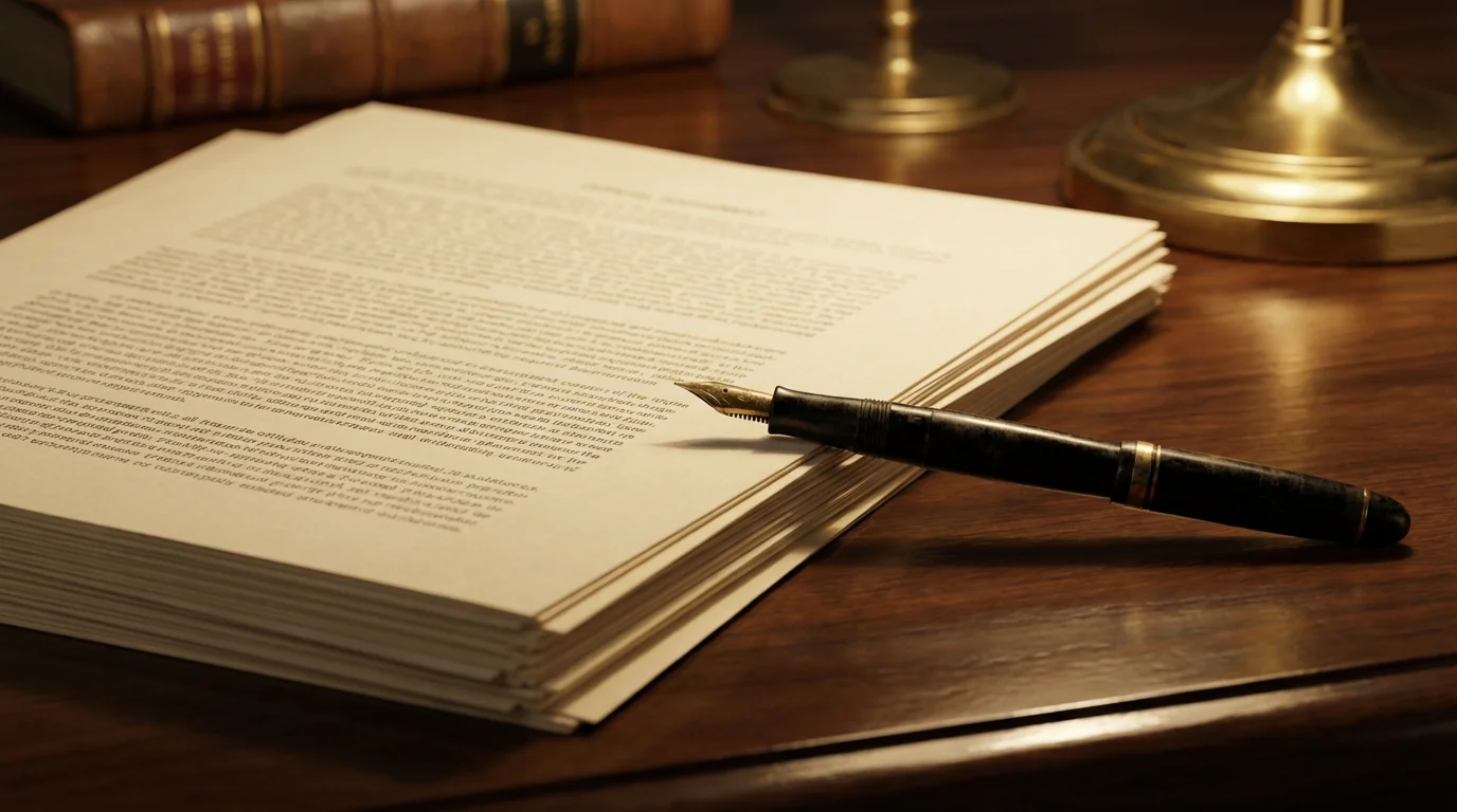 Close-up of official UK regulatory documents and a pen on a polished wooden desk